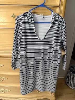 Striped Hooded Tunic beach Dress - Navy and White